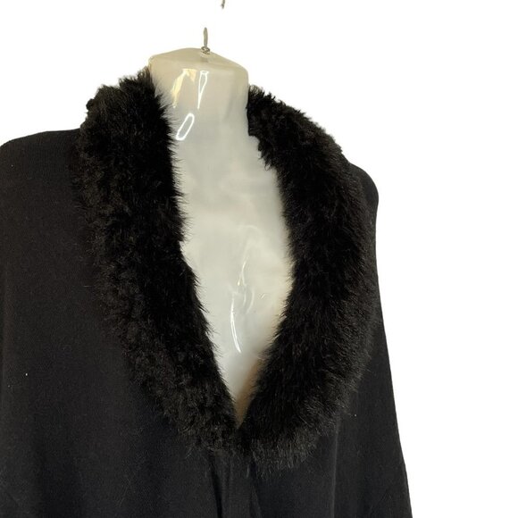 Pamela McCoy Black Wrap Cardigan Wool Blend Mob Wife Faux Fur Collar Size 1X - Picture 3 of 6